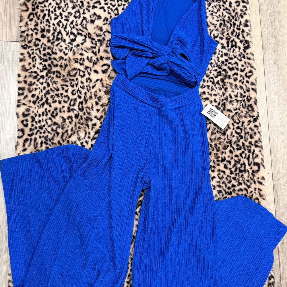 Sleeveless Royal Blue Cutout Wide-Leg Jumpsuit